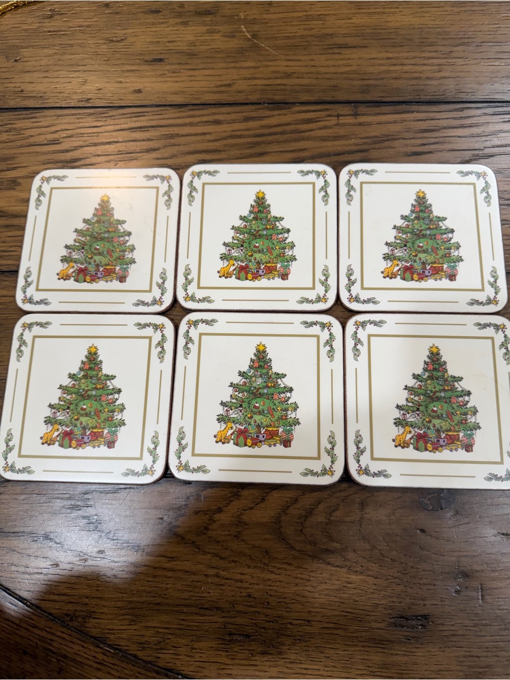 Pimpernel White Coasters with Green Christmas Tree and Gold Trim (Set of 6)